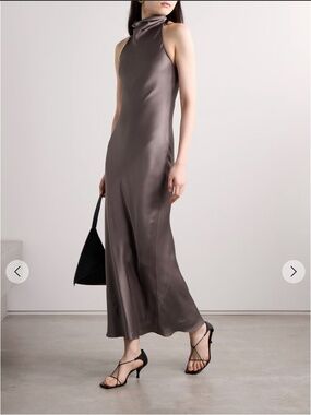 NWT ANINE BING Eliana Silk Charmeuse Halter Midi Dress Brown Size Small